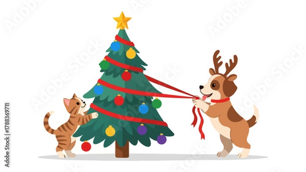 Fototapeta Festive Fun: A charming illustration depicts a playful dog adorned with antlers and a curious kitten collaborating to decorate a Christmas tree, filled with festive cheer and holiday spirit.