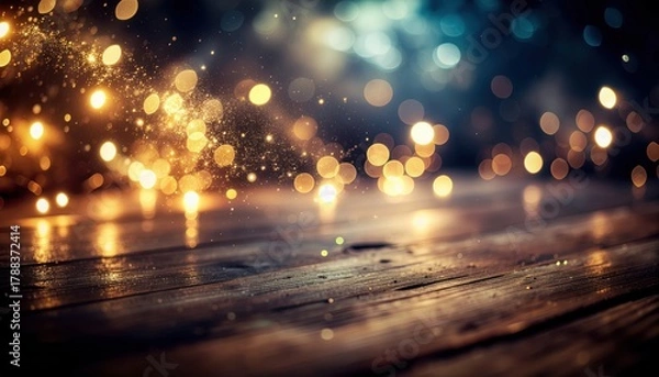 Fototapeta Enchanting bokeh lights sparkle and dance across a rustic wooden surface creating a magical