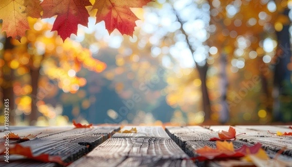 Fototapeta Vibrant autumn leaves frame a rustic wooden surface with a bokeh background, ideal for seasonal