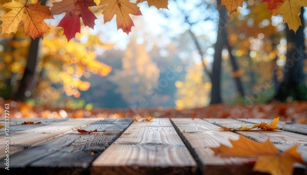 Obraz A serene autumn scene featuring colorful leaves on a wooden table with a blurred background