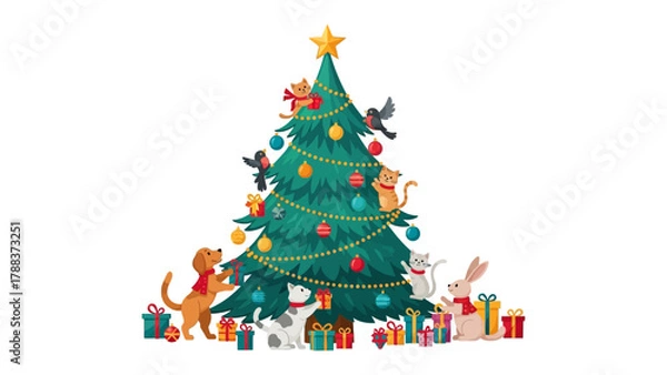 Obraz Festive Gathering: Adorable animals, with cats, dogs, birds, and a rabbit, decorate a vibrant Christmas tree, creating a whimsical scene perfect for holiday cards or festive projects. 