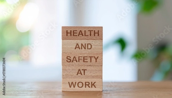 Obraz Wooden blocks spelling out 'Health and Safety at Work' symbolizing workplace well-being and