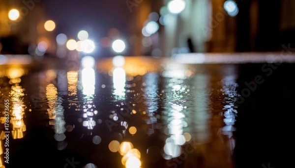 Obraz Reflections of city lights on wet pavement create a magical urban scene