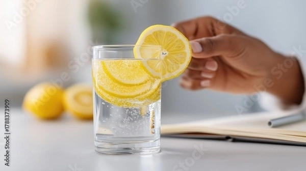 Fototapeta Adult's hand preparing lemon-infused water to boost hydration and cognitive performance on a bright table