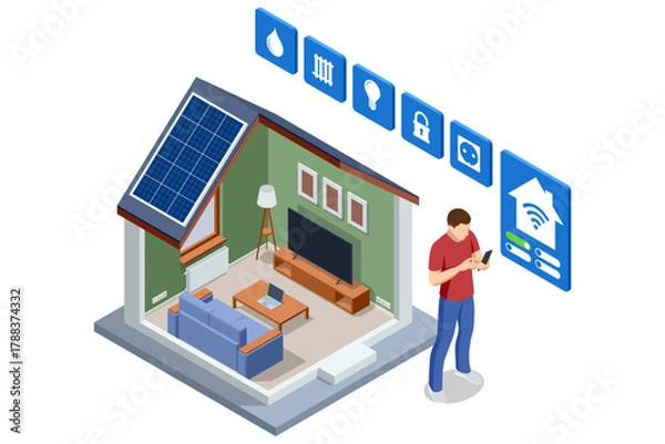 Obraz Isometric illustration of a smart home with solar panels, modern living room, and man controlling systems via smartphone. Concept of energy efficiency, automation, and sustainable technology.