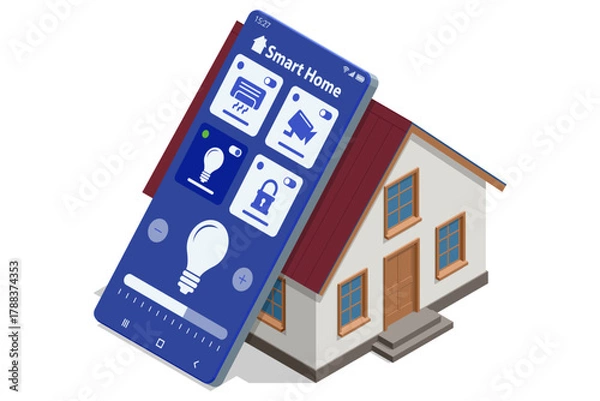 Fototapeta Isometric illustration of a smart home with solar panels, modern living room, and man controlling systems via smartphone. Concept of energy efficiency, automation, and sustainable technology.