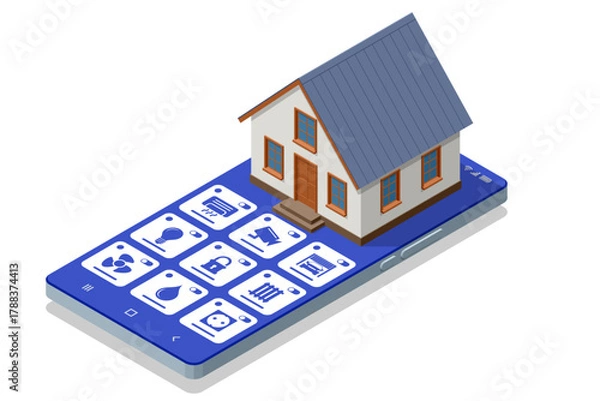 Fototapeta Smart Home Control Panel. Isometric illustration of a smart home controlled via smartphone with digital dashboard for lighting, climate, and security. Concept of home automation and IoT.