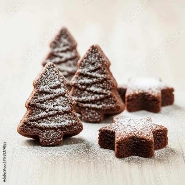 Fototapeta Festive fudgy chocolate brownies shaped like holiday trees and stars, dusted with powdered sugar, displayed on a wooden surface ready for Christmas feasting, brownie, cutouts, wooden