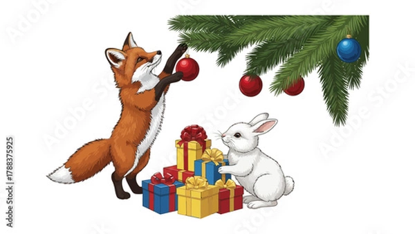Obraz Festive Companions: A charming fox and a gentle bunny are depicted, adorning a Christmas tree, with gifts placed in front of them, creating a scene of Christmas spirit and animal friendship.