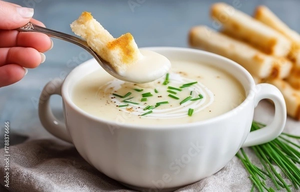Fototapeta Enjoying a delicious bowl of creamy vichyssoise with croutons and fresh chives in a cozy setting