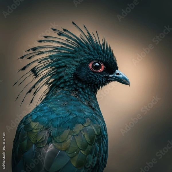Fototapeta Close up profile view of a majestic bird showing its vibrant, colorful crest feathers standing upright against a soft natural background in the wild, feathers, bird, nature