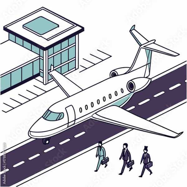 Fototapeta Isometric view of private jet at airport with business men