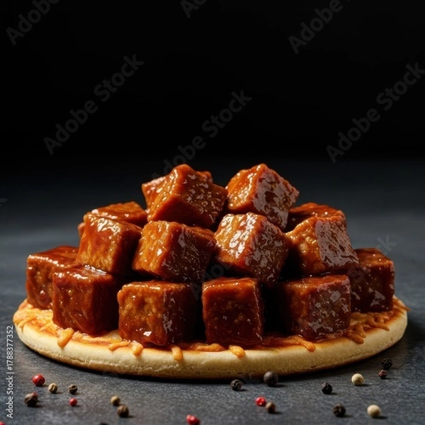 Fototapeta Close-up of saucy, diced barbecue meat cubes, perfect for topping pizzas, salads, or served as a flavorful appetizer, topping, food, grilled