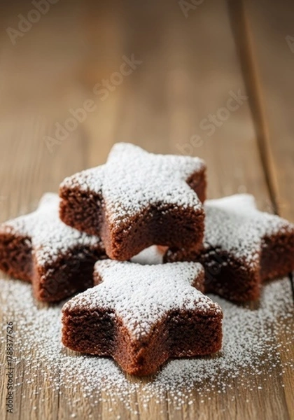 Fototapeta Festive chocolate fudge brownies cut into star shapes, dusted with sugar, resting on a rustic wooden background, sweet, star, overhead