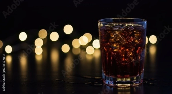 Fototapeta Icy drink sweating in a chilled glass, reflecting bright, shimmering holiday bokeh lights creating a sparkling, cheerful atmosphere, celebration, texture, water