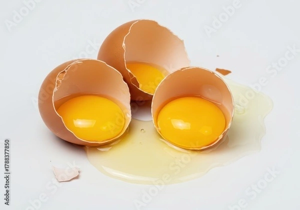 Fototapeta Isolated broken fresh chicken eggs with visible flowing golden yolk and crushed shell fragments on a bright white background, ready for baking, protein, studio shot, albumen