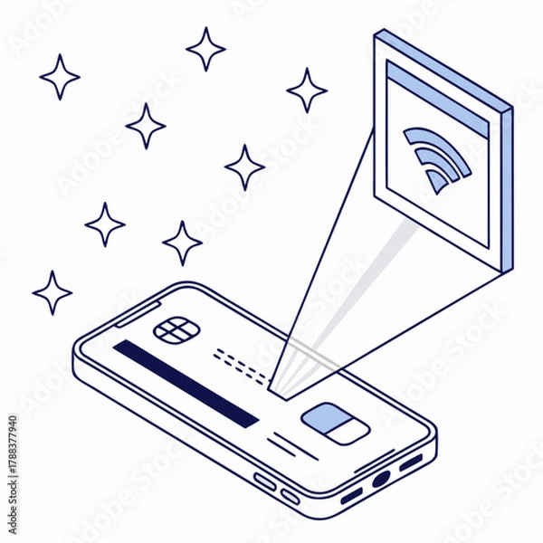 Fototapeta Isometric view of mobile payment with wifi and star icons