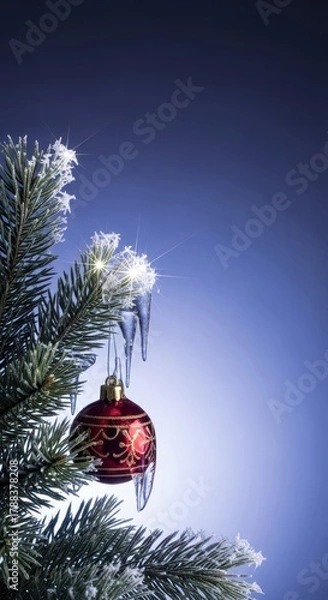 Fototapeta Sparkling ice crystals cling to festive winter decorations and pine needles, emphasizing the quiet, deep chill of a cold seasonal holiday, frosty, atmosphere, ornament