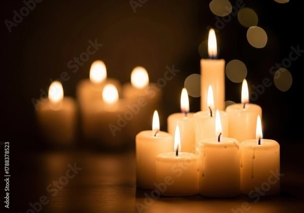 Fototapeta Warm glowing candles illuminating a festive holiday setup, conveying cozy Christmas atmosphere and winter cheer, pine, december, bokeh