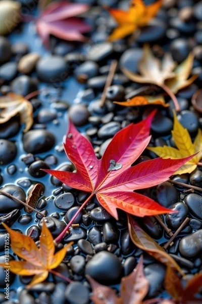 Fototapeta A single, vibrant red maple leaf rests on the damp earth, its edges curled, signaling the arrival of fall, forest floor, organic, season