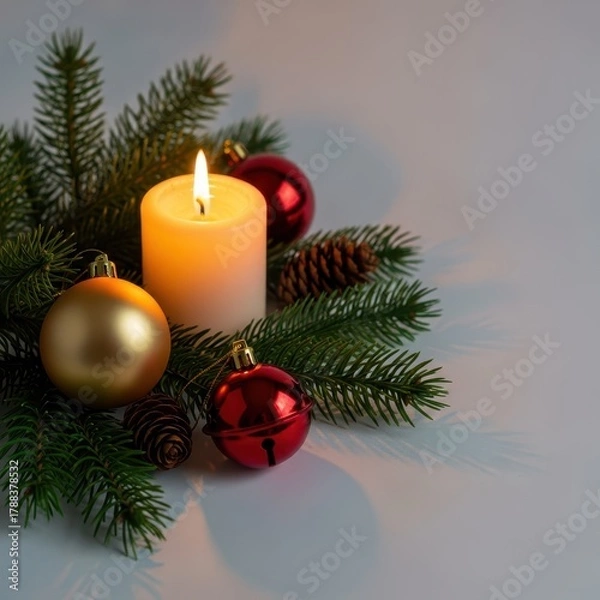 Fototapeta Warm glowing candlelight illuminating traditional holiday decorations and evergreen foliage, creating a peaceful winter atmosphere, evening, illumination, wax