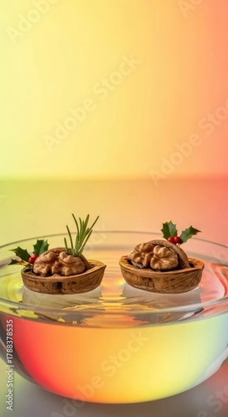 Fototapeta Walnut shell halves arranged as small rustic boats floating in a shallow bowl of water decorated with subtle festive greens, nut, simple, wood