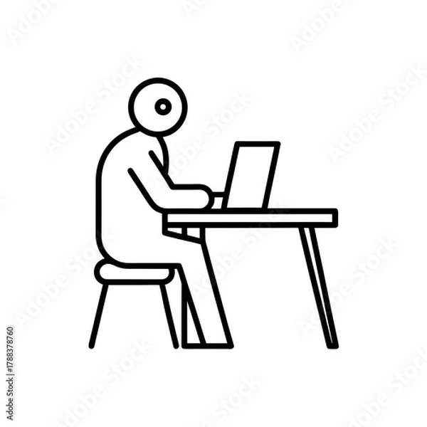 Obraz Person working on a laptop at a desk line drawing on transparent background silhouette