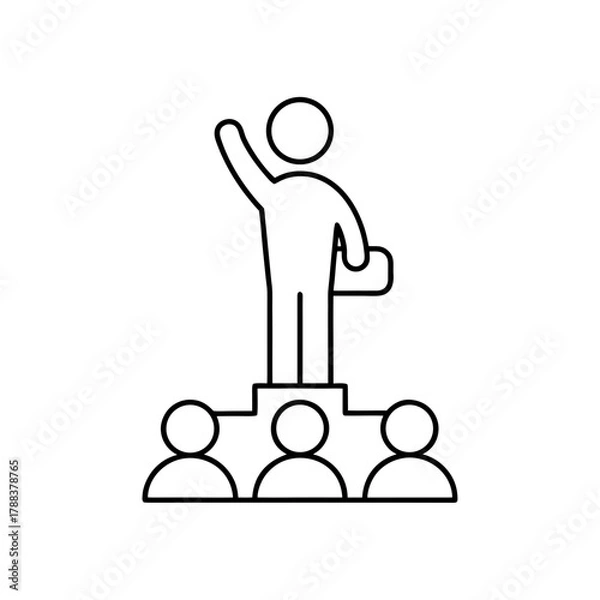 Fototapeta Person standing on podium with raised hand outline on transparent background silhouette