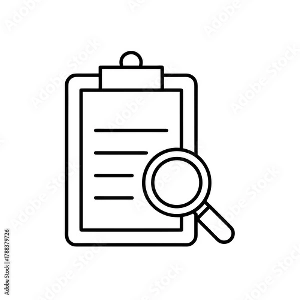 Fototapeta Clipboard with paper and magnifying glass outline on transparent background silhouette