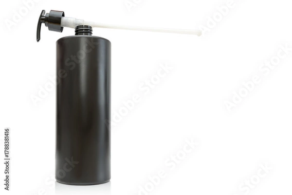 Fototapeta A black plastic container with a dispenser on a white background. For liquid.