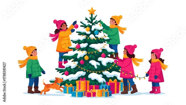 Obraz Joyful Christmas Spirit: Children and their canine companion share the magical joy of decorating a Christmas tree with ornaments, surrounded by vibrant gift boxes.