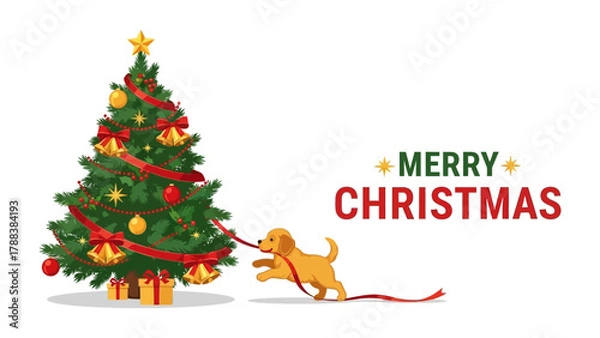 Obraz Holiday Delight: A cheerful puppy playfully engages with a festively adorned Christmas tree, evoking warmth and festive spirit. A message wishes a Merry Christmas.