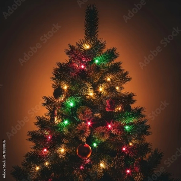 Obraz Beautifully decorated evergreen fir tree standing indoors for the winter holiday season, sparkling with festive lights and ornaments, plant, joyful, peaceful