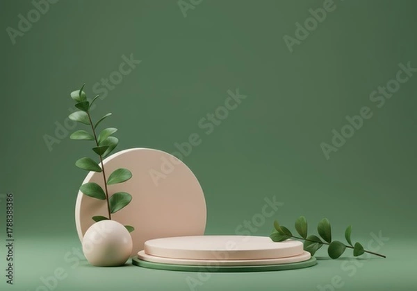 Fototapeta Clean, elegant geometric display platform adorned with simple natural foliage against a smooth verdant backdrop, studio shot, organic, podium, backdrop