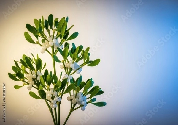 Obraz Festive arrangement of green mistletoe sprigs adorned with bright white berries, signifying holiday tradition, romance, and winter cheer, plant, mistletoe, decoration