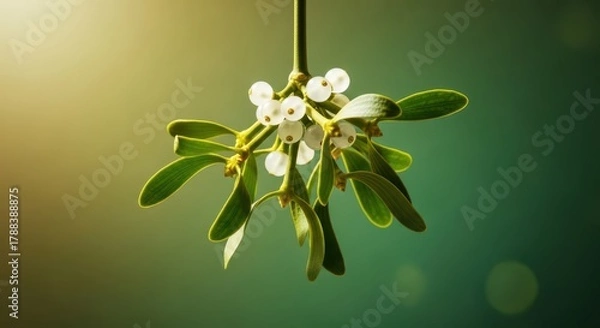 Obraz Festive close-up of vibrant green mistletoe with tiny white berries hanging indoors, symbolizing holiday tradition and winter romance, bright, foliage, leaves