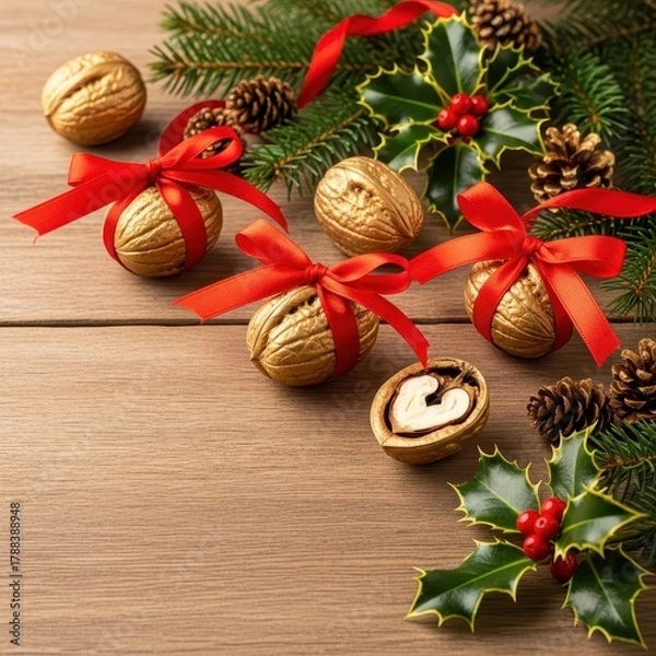 Obraz Festive shelled walnuts painted gold and tied with red ribbon, scattered on a wooden table among traditional holiday greenery and pinecones, Still life, Dessert, Winter