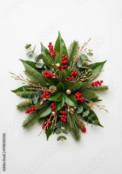 Fototapeta Lush, leafy holiday arrangement featuring deep green botanical elements, bright red berries, and subtle golden accents creating a festive winter design, greenery, texture, berry