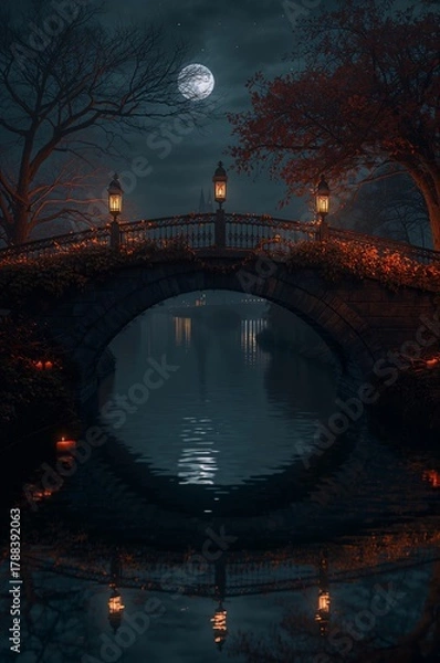 Obraz Moonlit bridge over calm waters in a serene nighttime setting