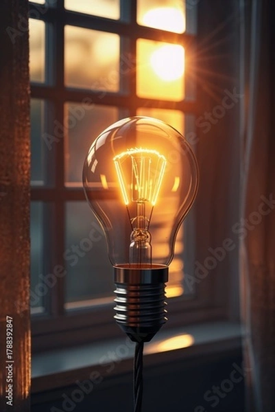 Obraz Warm light bulb shining beside a window during sunset