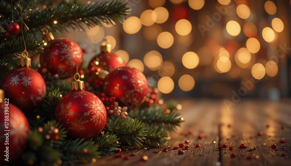 Fototapeta Christmas background with red and gold ornaments, pine branches, and bokeh lights, festive mood