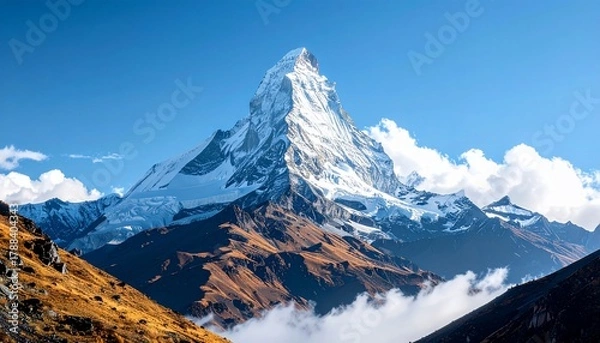 Fototapeta A Majestic Snow-Capped Mountain Peak Rising Under a Vivid Blue Sky and Floating Clouds