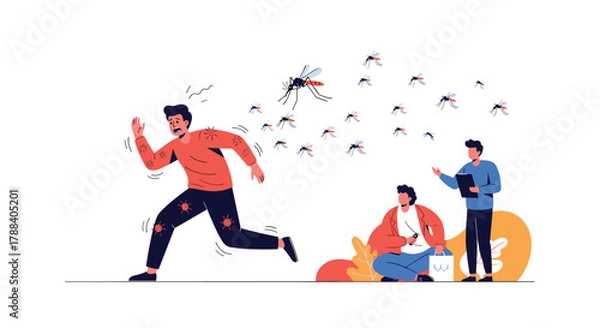 Fototapeta Scientists observe a man fleeing a mosquito swarm with bites, illustrating the impact of vector-borne diseases and public health challenges.