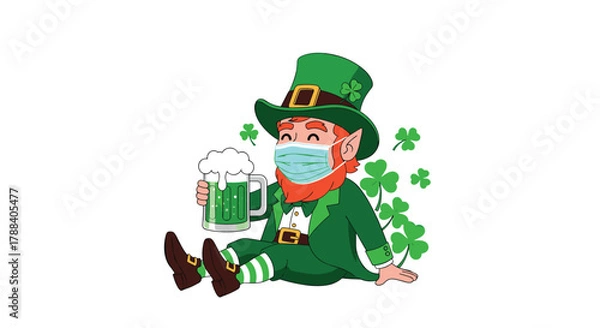 Fototapeta A cheerful cartoon leprechaun wearing a face mask, holding green beer, and sitting among shamrocks to celebrate St. Patrick's Day.
