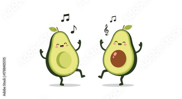Fototapeta Two cheerful cartoon avocados are happily dancing and swaying to music, with notes floating around, spreading joy and healthy vibes.