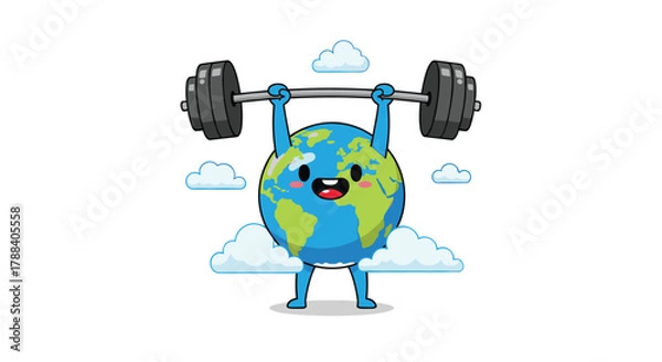 Fototapeta A strong and happy cartoon Earth mascot triumphantly lifts a large barbell overhead, representing global strength, protection, and sustainability efforts.