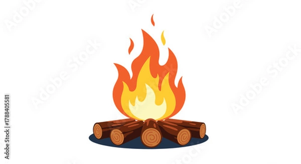 Fototapeta A brightly burning campfire with logs arranged neatly, featuring warm orange and yellow flames against a clean white background.