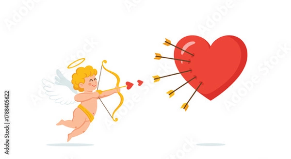 Fototapeta Smiling cupid angel with golden bow shoots heart-tipped arrows, symbolizing love and romance, impacting a large red heart pierced by many shafts.