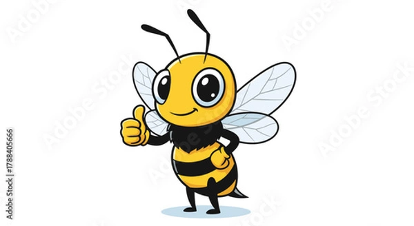 Fototapeta A cute, happy cartoon bee smiles and gives a thumbs-up gesture, showing approval and success on a white background.