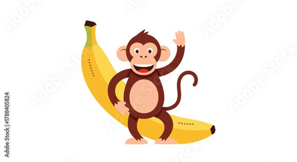 Fototapeta A cheerful cartoon monkey smiles and waves while playfully resting on a large yellow banana, set against a clean white background.